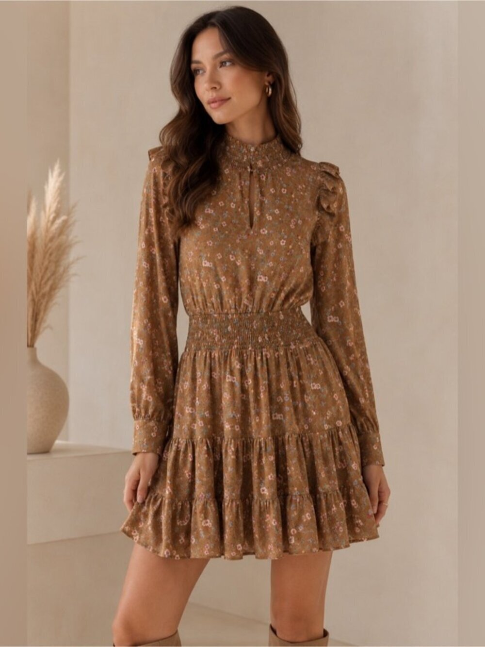 Heartloom Floral Smocked Mini Dress XS Brown Long Sleeve Ruffle